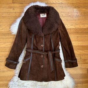 vintage 70s penny lane chocolate brown suede shearling coat small medium